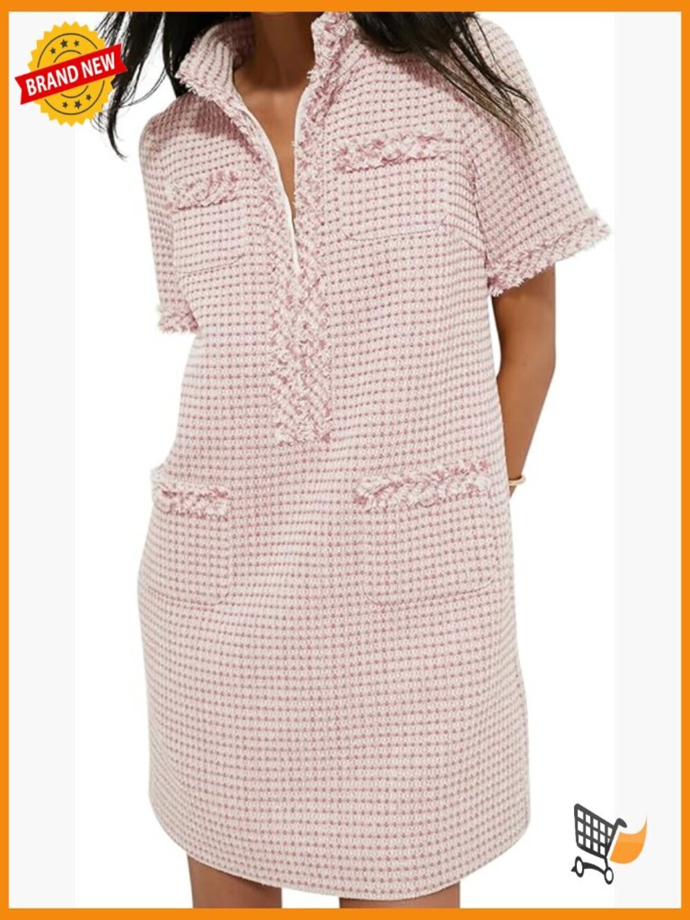 Tweed Mini Dress V Neck Short Sleeve Bodycon Shift Dress Work Casual